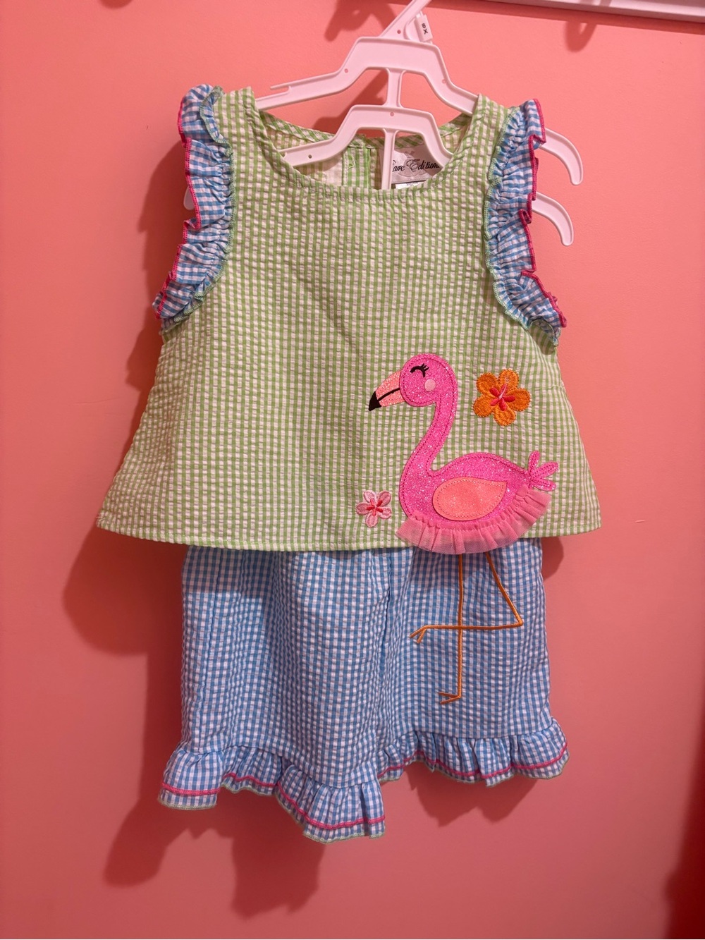 Rare Editions Green and Blue Seersucker Gingham Two-Piece 6X with 🦩 Flamingo